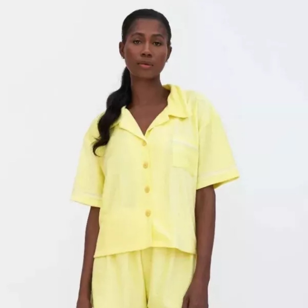 Pitusa Terry Cloth Button-Down Short Sleeve Top In Yellow Women's Sz Standard OS